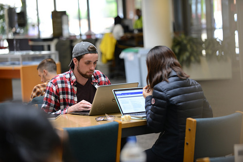 Two students work on their laptops in the W. W. Hagerty Library